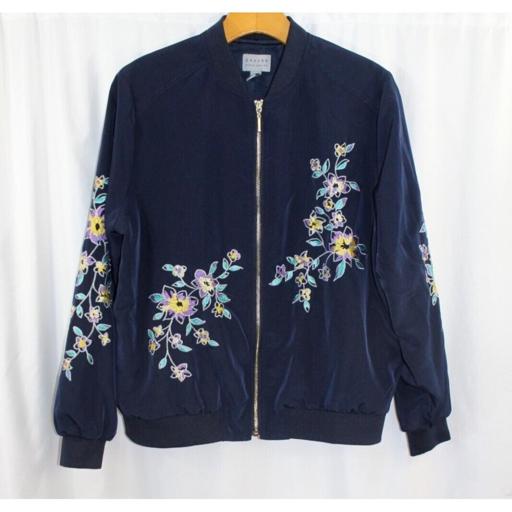 Graver‎ by Susan Graver Womens Dark Blue Embroidered Full Zip Jacket S